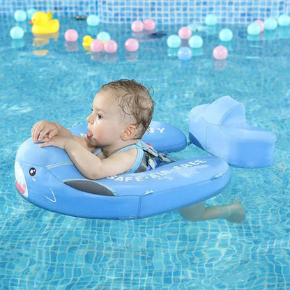 A baby safely enjoying the water in a Mambobaby™ Shark Float, demonstrating the stable 40-degree swimming angle.