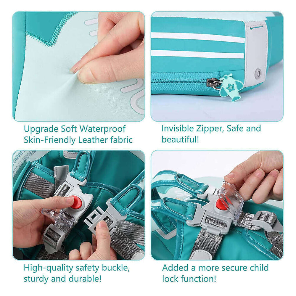 Demonstrating the quick-clip and easy-to-use design of the Mambobaby™ Airplane Float for family holidays.