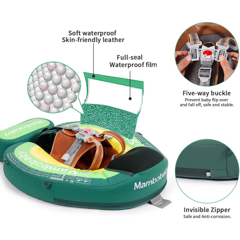 Diagram showing the 3-layer material of Mambobaby™: Waterproof PU leather, safety barrier, and PearlFoam™ core.