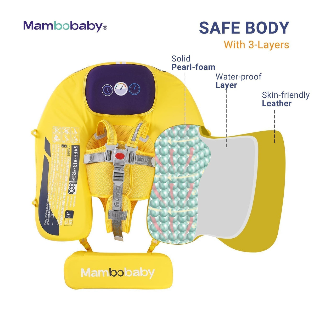 The 3-layer construction of the Mambobaby™ float: PearlFoam™ core, waterproof barrier, and soft PU leather.