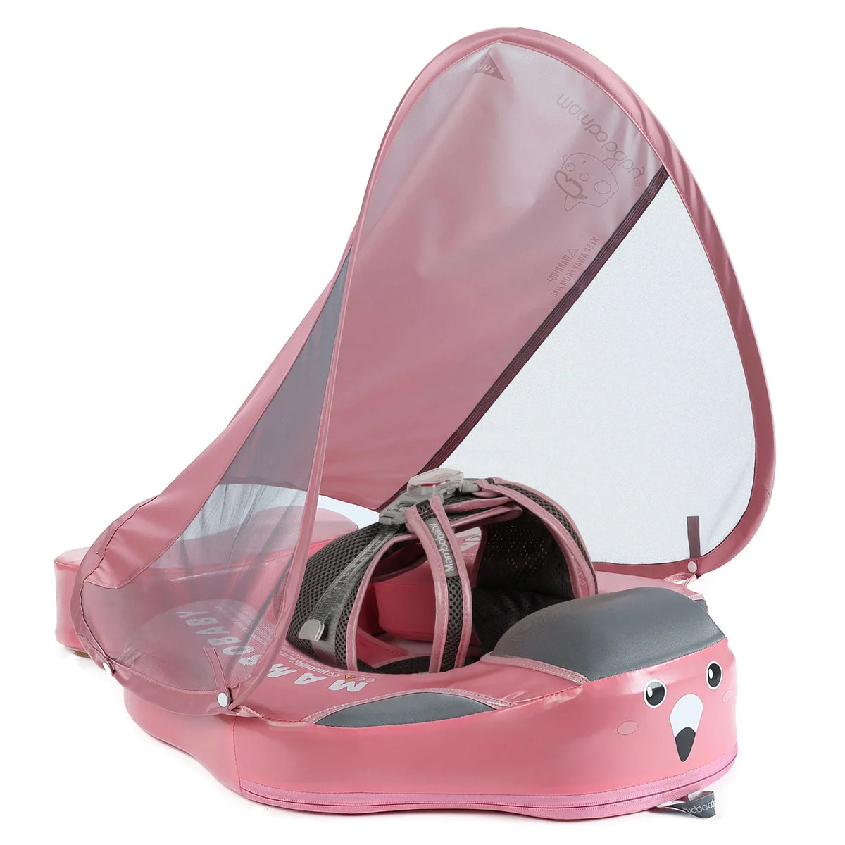 Original Mambobaby™ Playful pink Flamingo baby float for UK pools. Non-inflatable air-free design for babies 3-24 months.