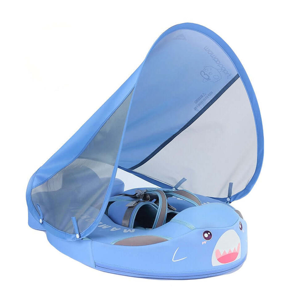 Original Mambobaby™ Shark Float in vibrant blue, featuring a non-inflatable air-free design for UK pools.